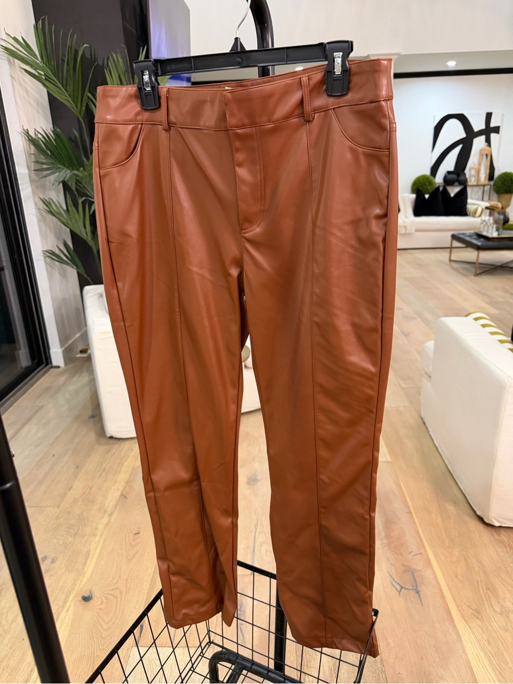Faux Leather Straight-Leg Pants in Cognac